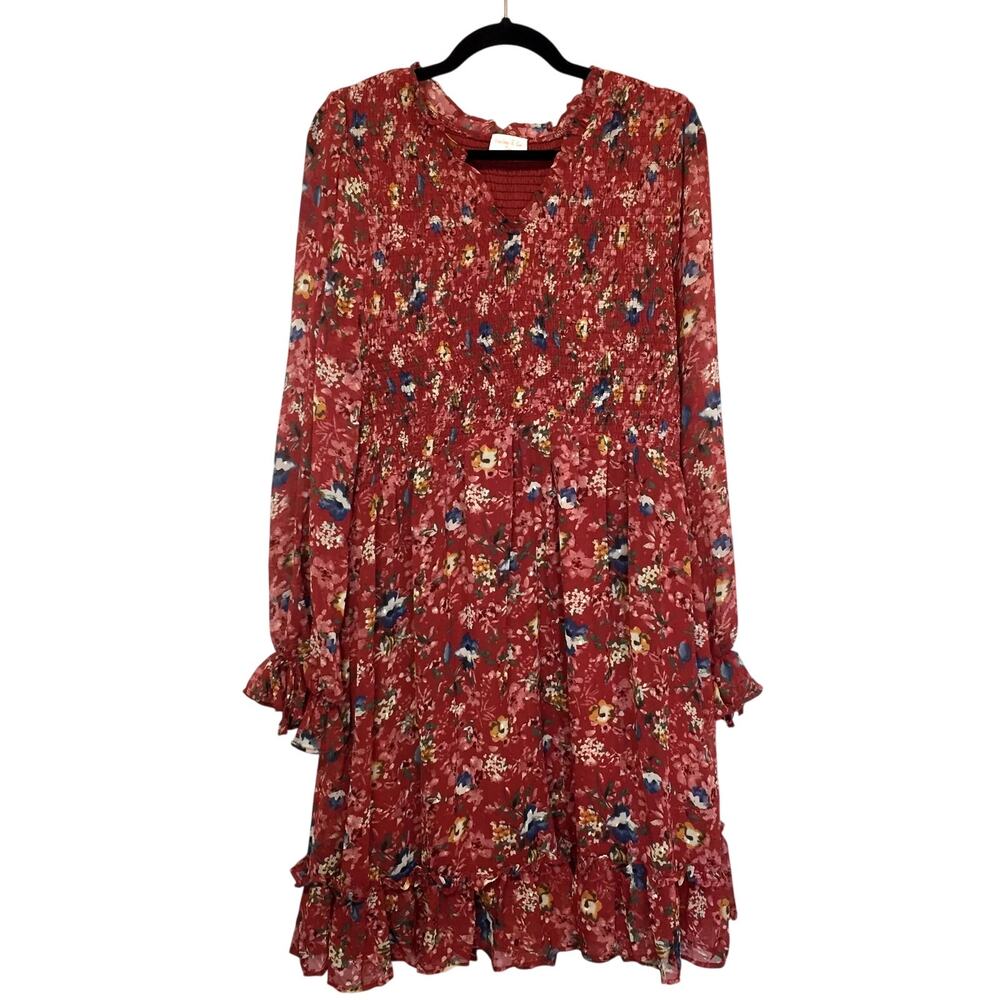 Hailey & Co Floral Ruffle Smocked Long Sleeve Dress 2XL V-Neck Peasant Chic